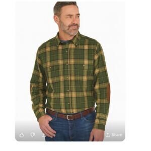 Eddie Bauer SZ XL Tall 100% Wool Plaid Work Shirt Genuine Leather Elbow Patches